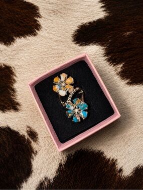 Turquoise & Orange Spiny Double Flower Sterling Silver Ring